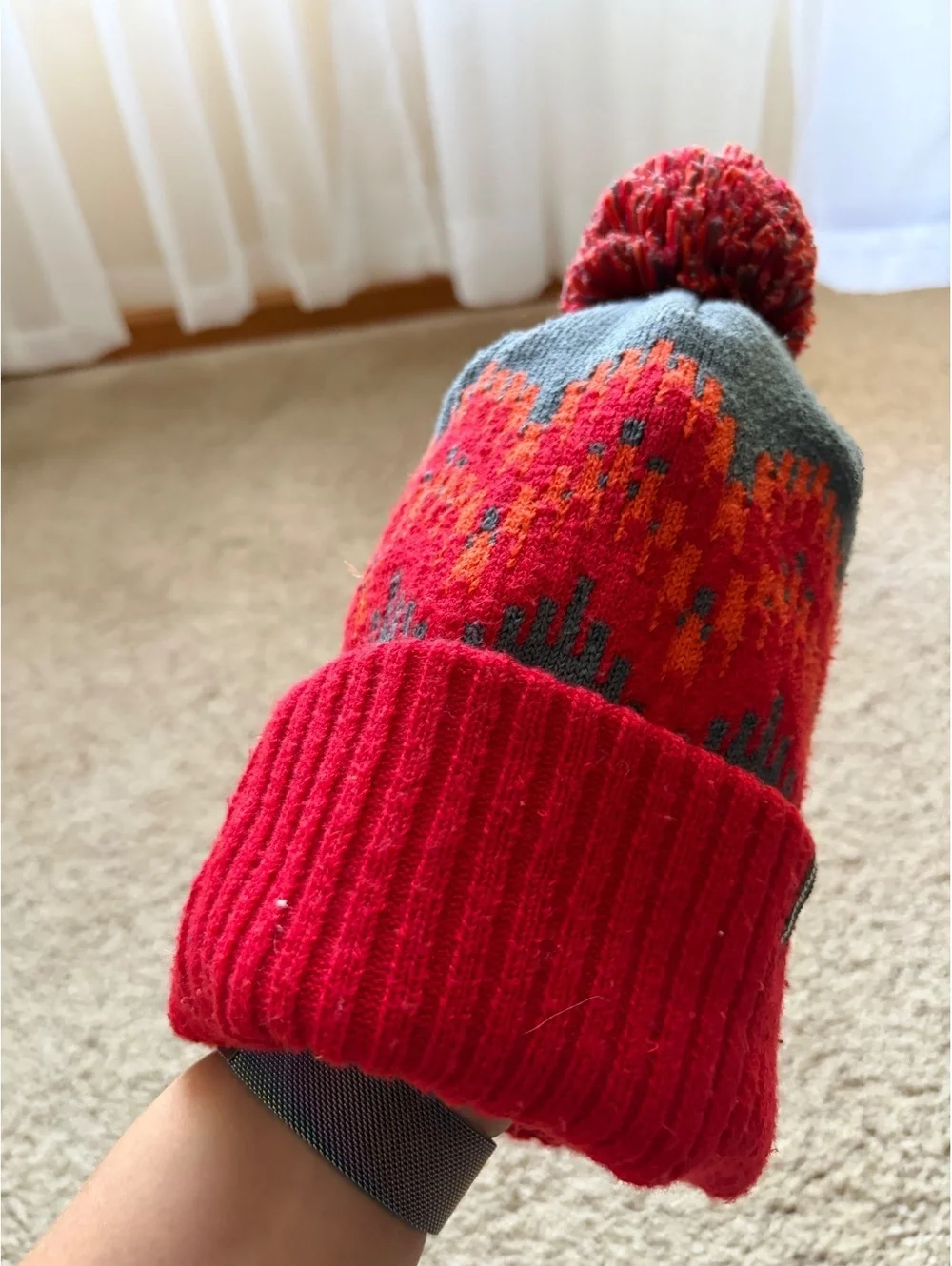 Patagonia Powder Town Beanie red grey orange ribbed cuff pom pom
